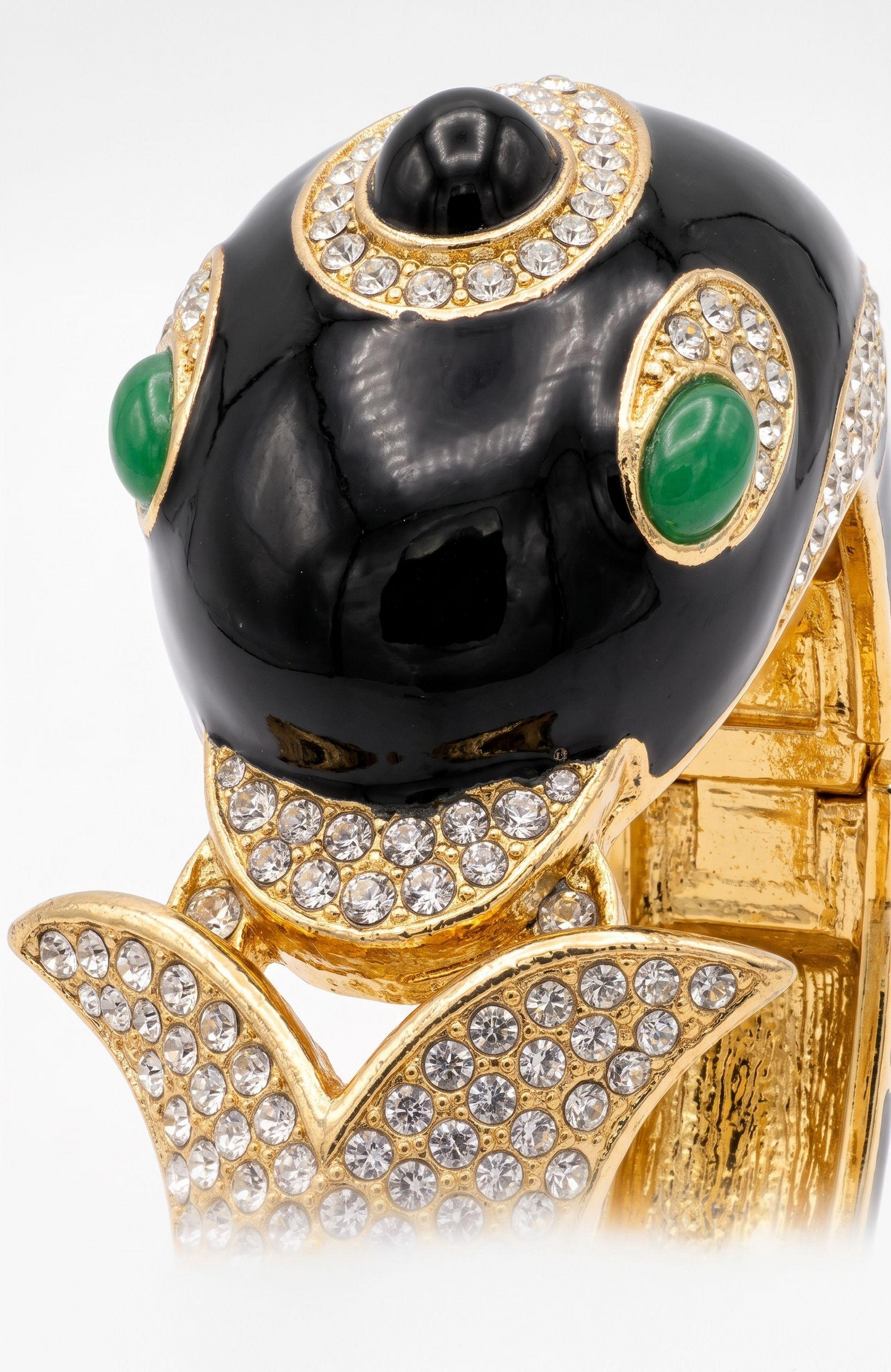 1970s/80s iconic  signed CINER Dolphin Bracelet in Black Enamel, Rhinestones. Gold Plated and Hinged