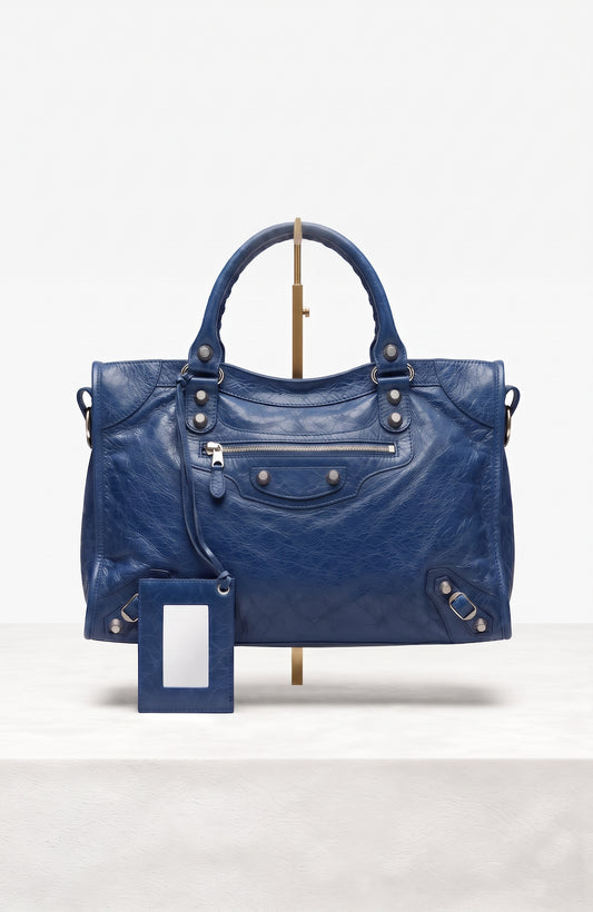 Beautiful Balenciaga City Bag in a gorgeous blue with silver hardware. New with tags, purchased at Bergdorf Goodman