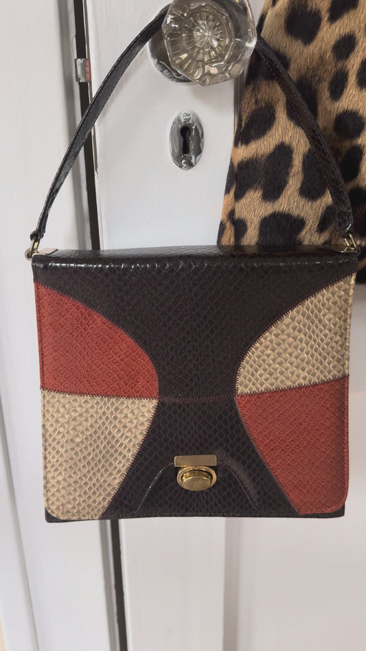 Beautiful 1970s snake print multicolored top handle bag