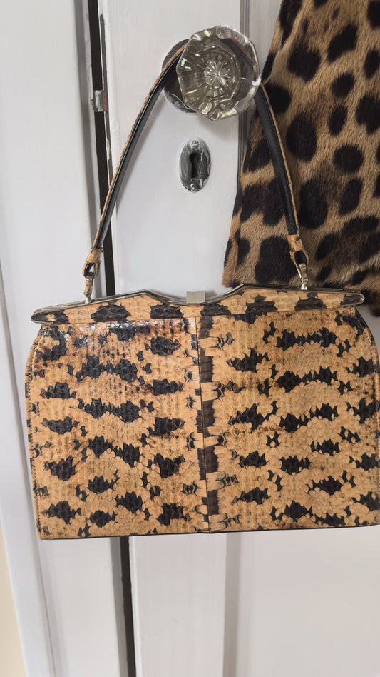 1950s snakeskin print top handle handbag
